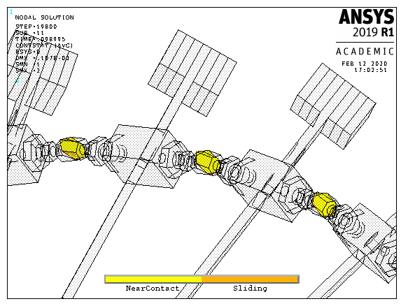 FE calculated contact statuses (near contact, sliding) at tie-boss couplings at selected calculation time.